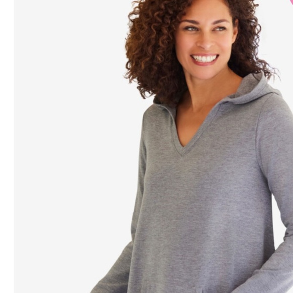 J. Jill Gray V-Neck Lagenlook Long Sleeve Hooded Normcore Neutral Tunic Top S